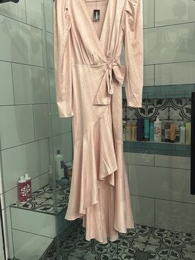 Blush Pink Wrap-Style Ruffled Satin Dress